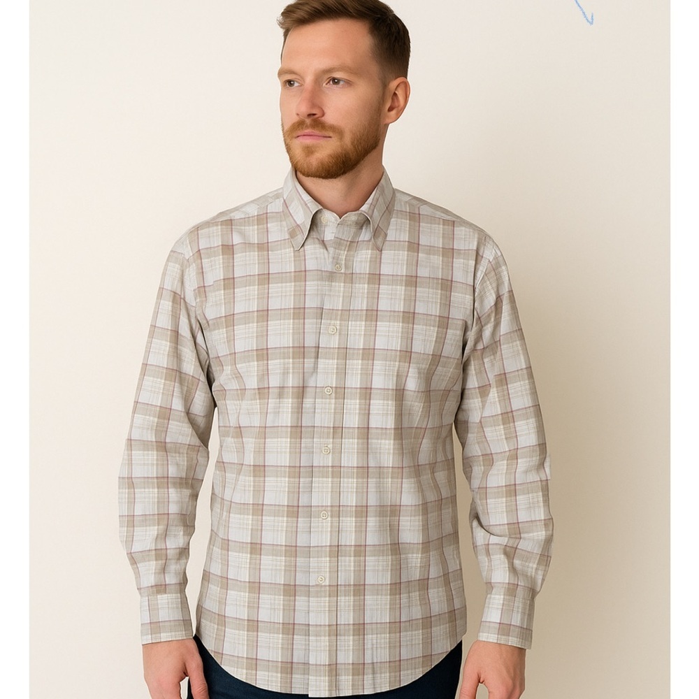 * Ermenegildo Zegna Tan Plaid Button-Down Dress Shirt Size Large
